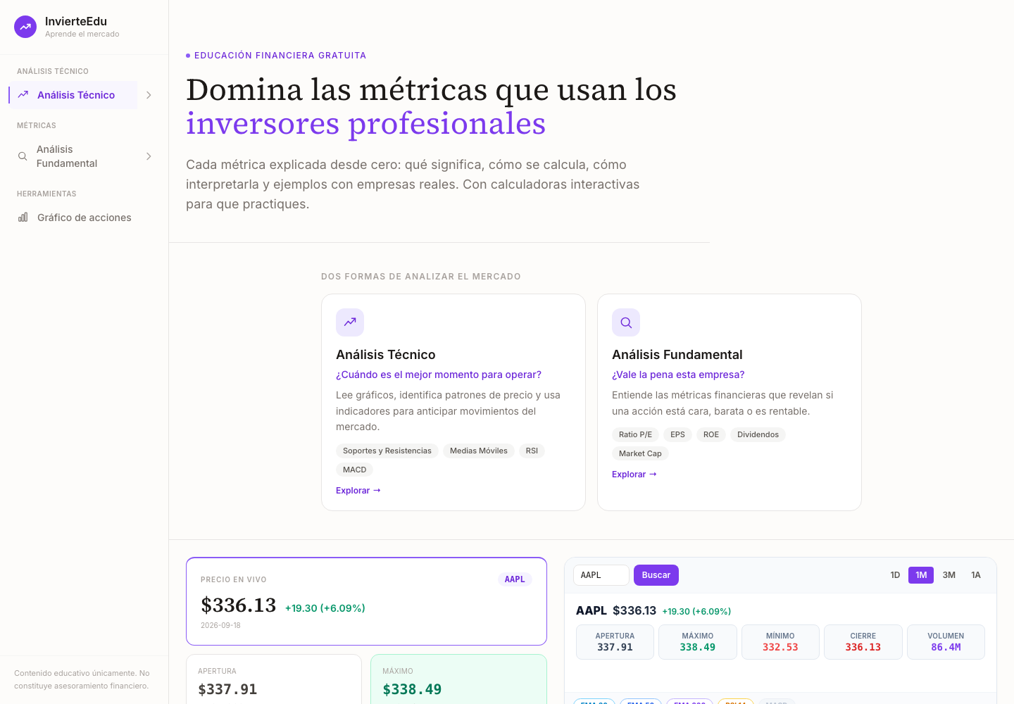 Pantalla de inicio de InvierteEdu